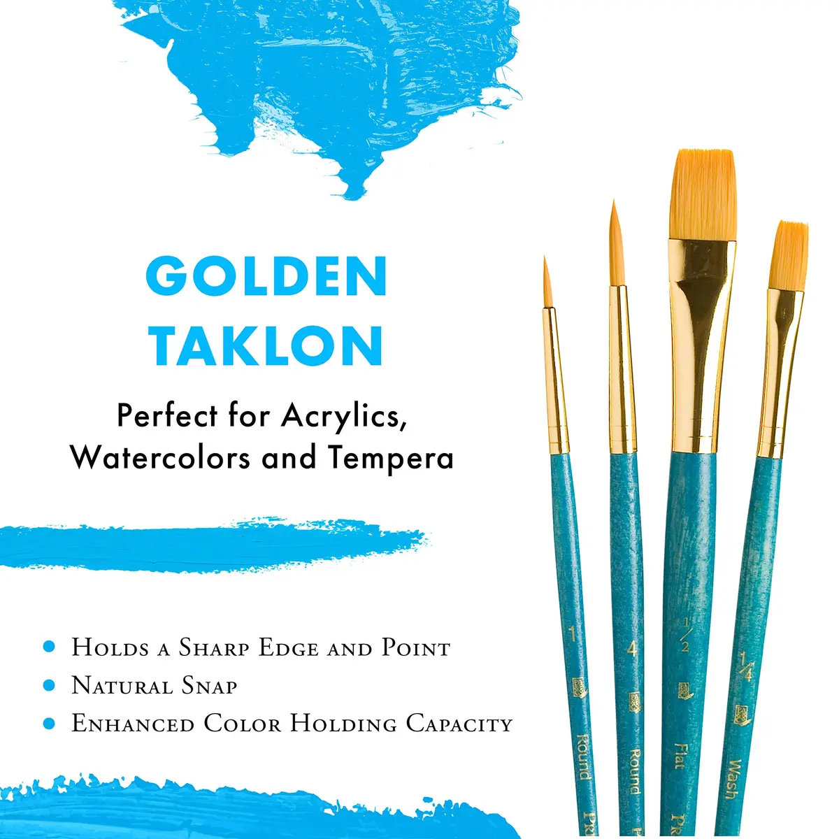 Princeton RealValue 4-Piece Paint Brush Set, Gold Taklon Synthetic Bristle, Blue Handle | Artist Quality for Acrylic, Watercolor, Oil & Tempera - view 4