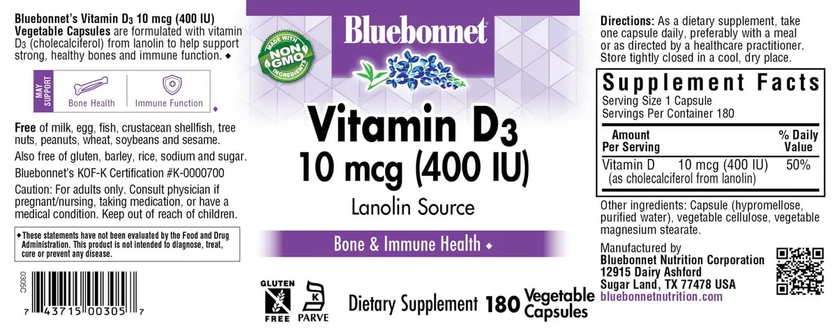 BlueBonnet Vitamin D3 400 IU Vegetable Capsule | Supports Strong Bones & Immunity - view 6