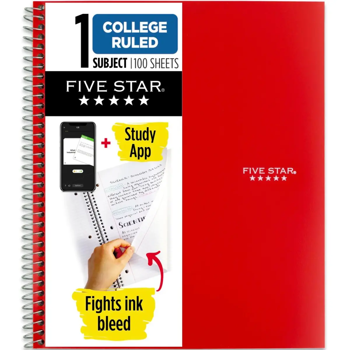 Five Star Spiral Notebook 1 Subject 100 Sheets 8.5" x 11" Fire Red | College Ruled Paper with Study App - main product image