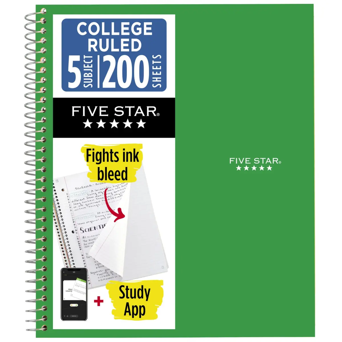 Five Star Spiral Notebook 5 Subject 200 Sheets (200 College Ruled Sheets, 8.5" x 11") | SFI Certified Paper - main product image