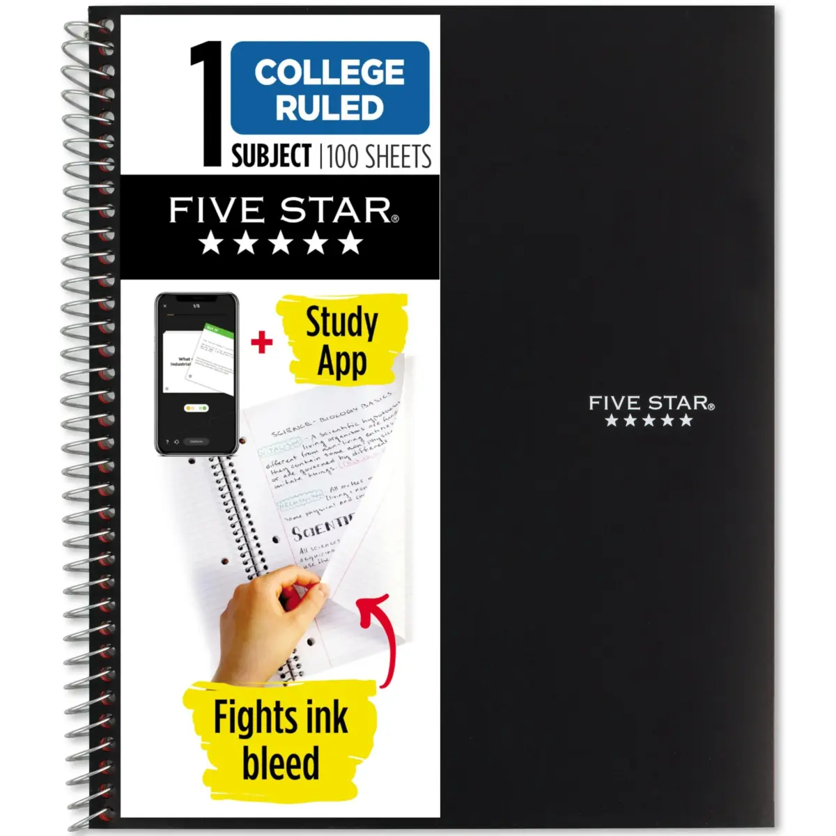 Five Star Spiral Notebook, 1 Subject, College Ruled, 100 Sheets, 200 Pages Total, Black | SFI Certified Paper & Study App Integration - main product image