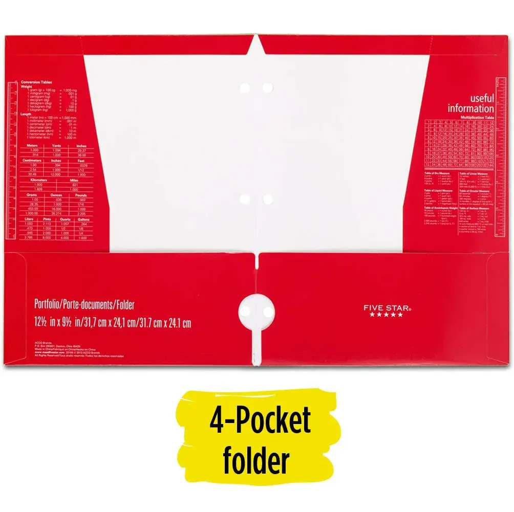 Five Star 4 Pocket Folder Red | Holds Letter Size (8.5" x 11") Sheets | 3-Hole Punched for Binders - view 2