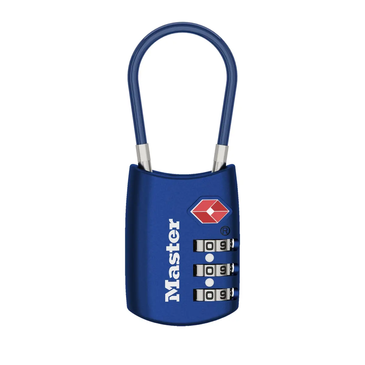 Master Lock 4688BLUEC Set Your Own Combination TSA Approved Luggage Lock, Travel Zipper Padlock with Vinyl Covered Steel Cable | 30mm Body, 38mm Shackle - main product image