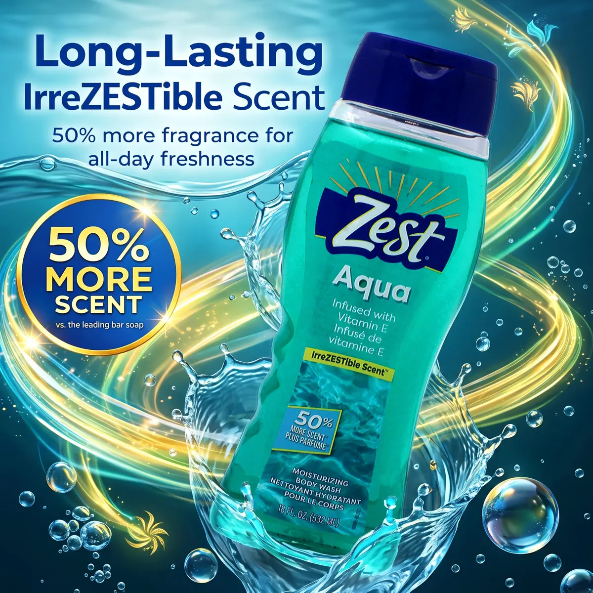 Zest Body Wash, Aqua, 18 Fl Oz (2 Pack) | Aquatic Scent, Gentle Hydration, Unisex - view 8