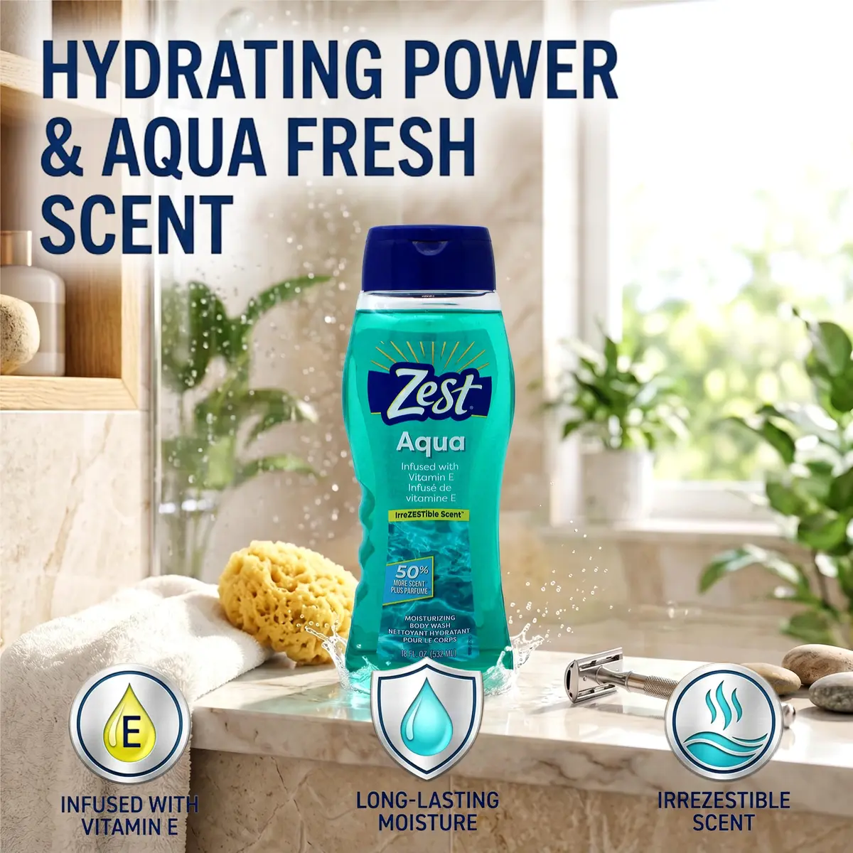 Zest Body Wash, Aqua, 18 Fl Oz (2 Pack) | Aquatic Scent, Gentle Hydration, Unisex - view 3