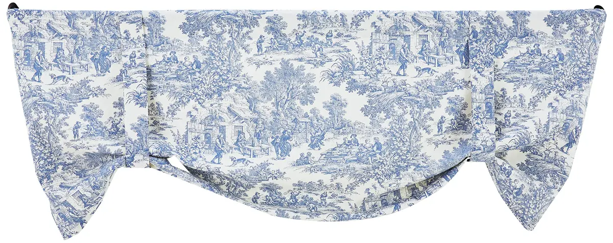 Ellis Curtain Victoria Park Toile Tie-Up Valence Window Curtain, Blue 152cm (60"W) x 61cm (24"L) | Light-Filtering Cotton Fabric - main product image