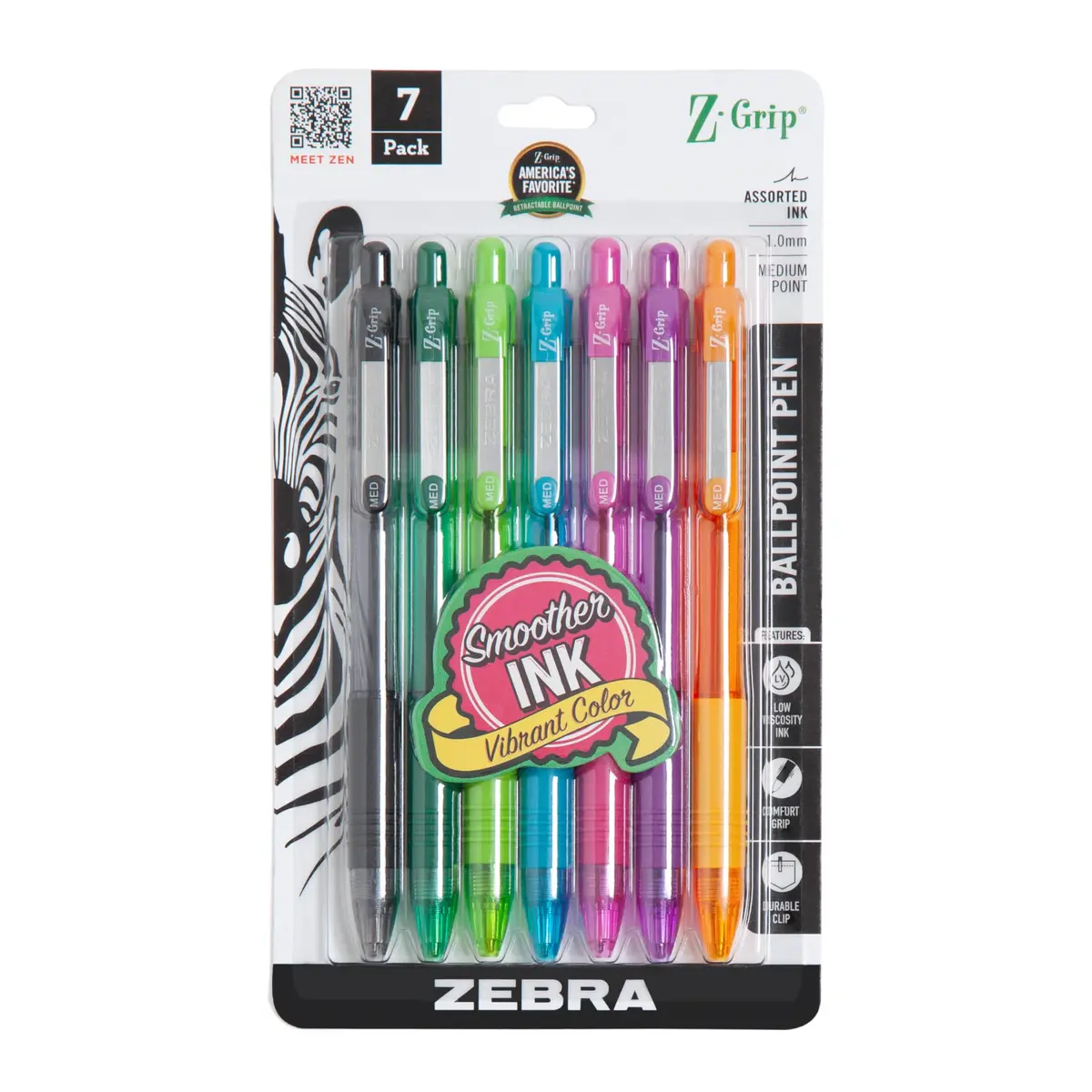 Zebra Pen Z-Grip Retractable Ballpoint Pens, Assorted Fashion Ink, 1.0mm Medium Point, 7-Pack | Smooth Writing for Students & Professionals - main product image
