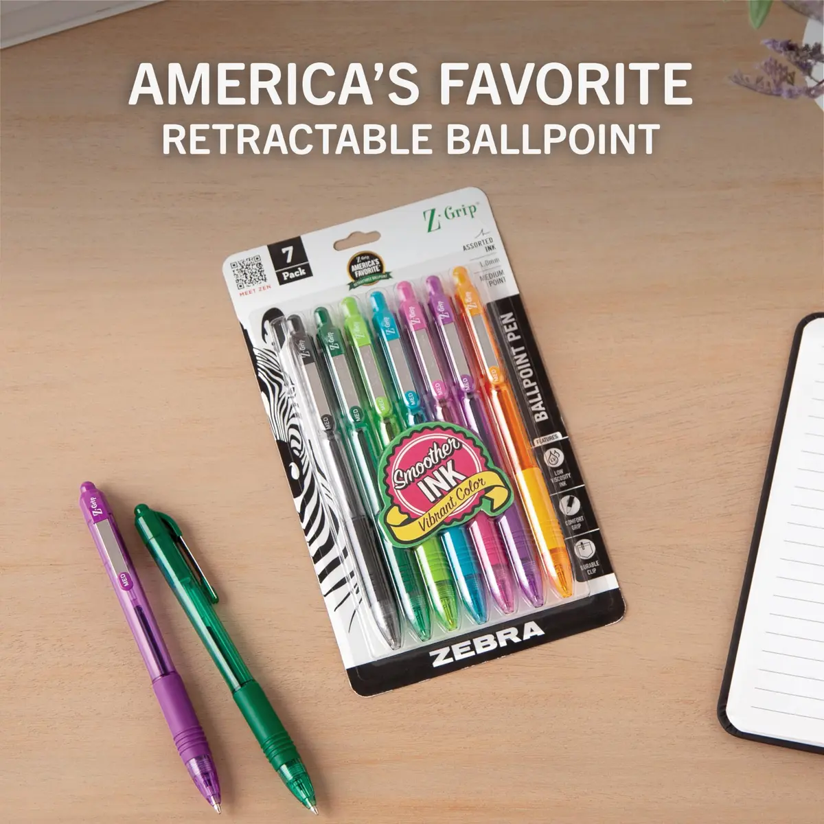 Zebra Pen Z-Grip Retractable Ballpoint Pens, Assorted Fashion Ink, 1.0mm Medium Point, 7-Pack | Smooth Writing for Students & Professionals - view 2
