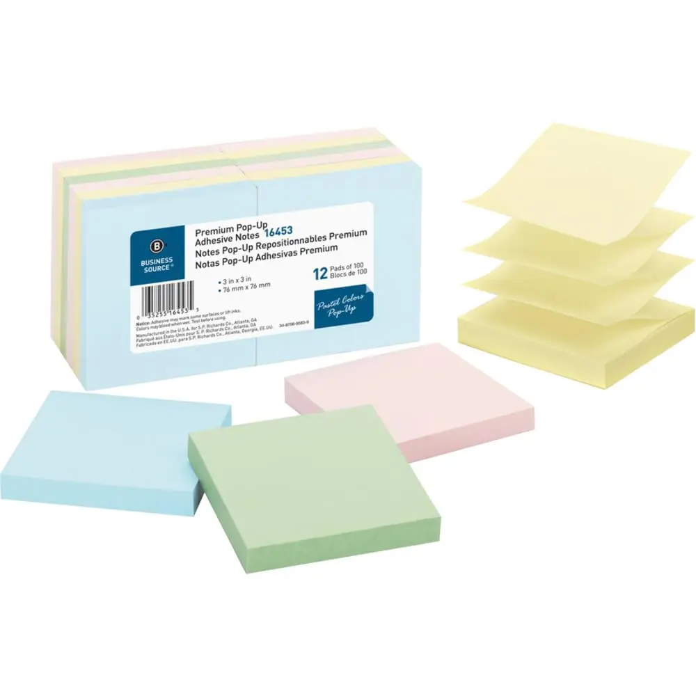 Business Source Reposition Pop-up Adhesive Notes 16.1cm (6") x 8.1cm (2.7") | 12 Pack Pastel Assorted - main product image