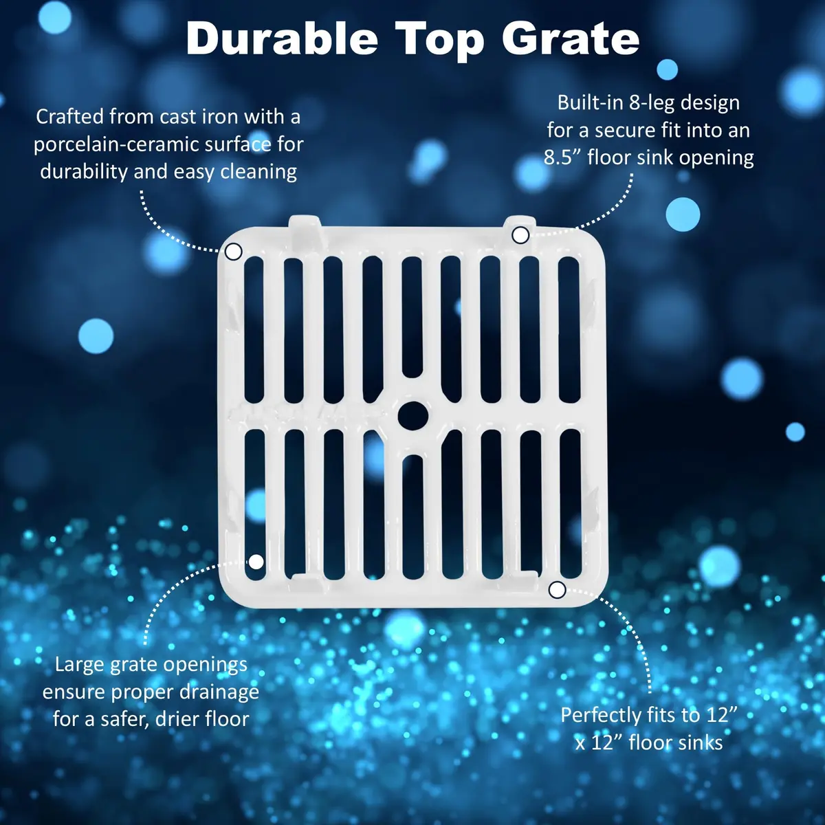 GSW Cast Iron Porcelain Floor Sink Top Grate with Ceramic Surface 9-⅜” x 9-⅜” | Perfect for Restaurant & Bar (Full Size) - view 3