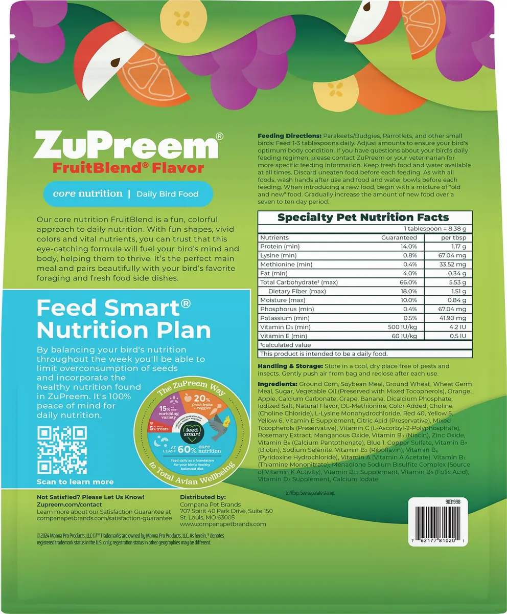 ZuPreem FruitBlend Parakeet & Budgie Food 907g (2 lb) | Complete Daily Nutrition for Small Birds - view 8