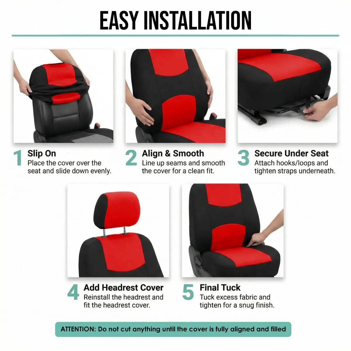 FH Group Red Cloth Car Seat Covers Full Set - Universal Fit Automotive Seat Covers with Removable Headrest Compatibility | 2 Front, 1 Rear Bench, 4 Headrest Covers - view 7