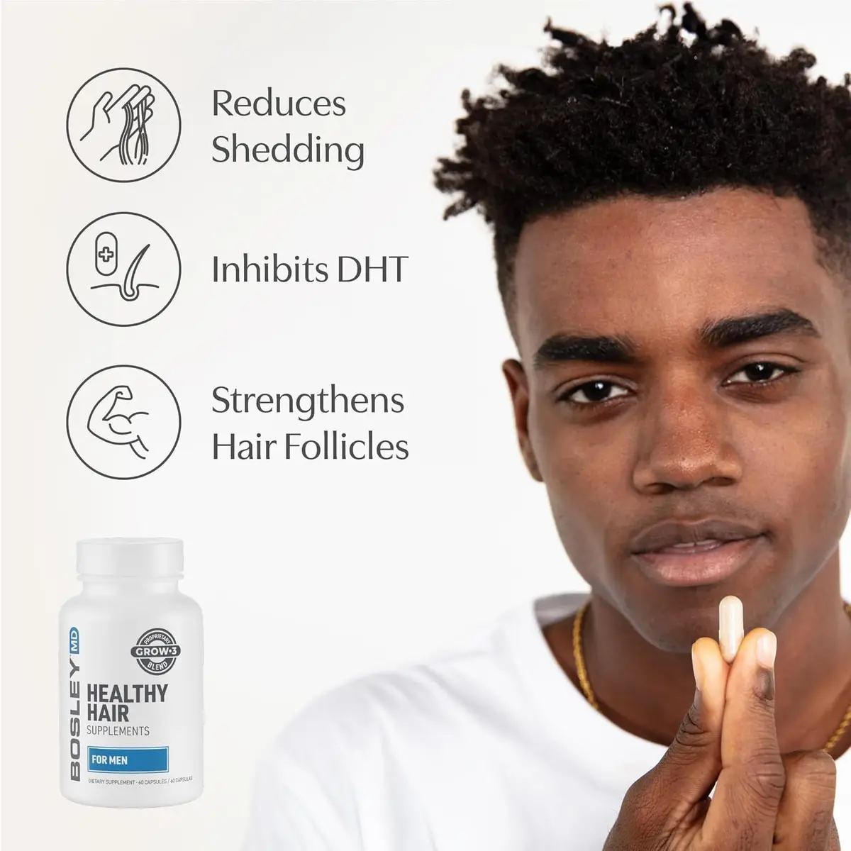 BosleyMD Men’s Healthy Hair Growth Supplements – DHT-Blocking Botanicals with Biotin, Niacin, Zinc & Pumpkin Seed, 60 Capsules | Supports Thicker, Fuller Hair - view 2