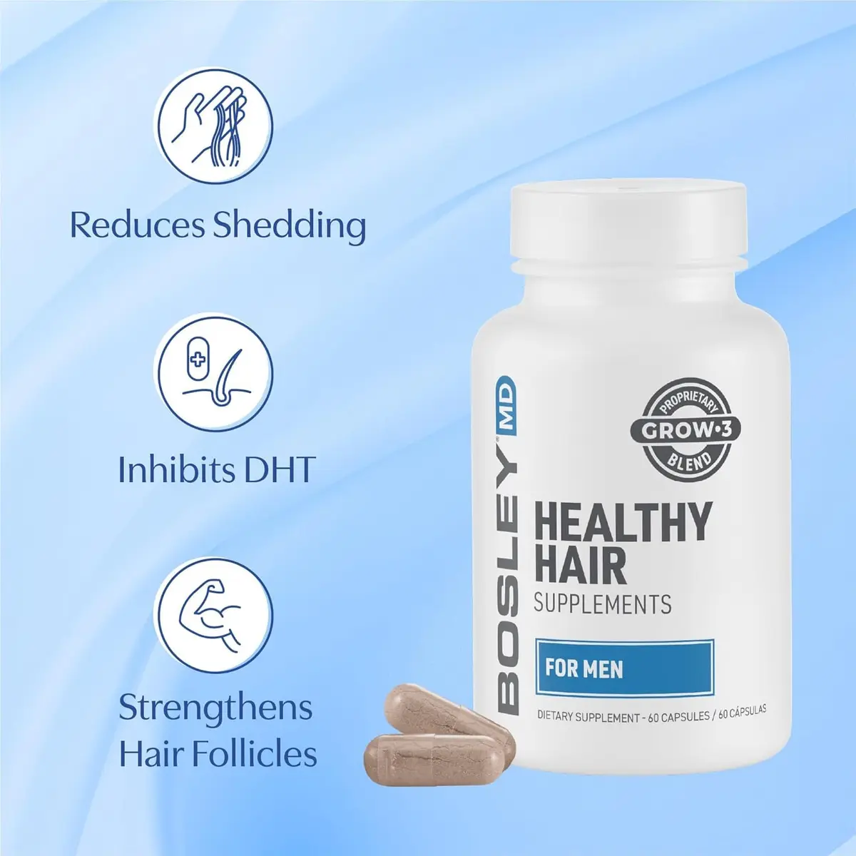 BosleyMD Men’s Healthy Hair Growth Supplements – DHT-Blocking Botanicals with Biotin, Niacin, Zinc & Pumpkin Seed, 60 Capsules | Supports Thicker, Fuller Hair - view 3