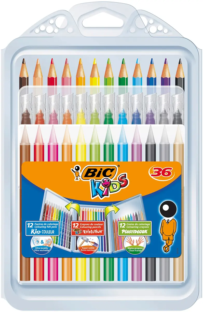 BIC Kids Colouring Kit for Children - 8 Felt-Tip Pens / 8 Coloured Pencils / 12 Chalks | Creative & Safe for Kids - main product image