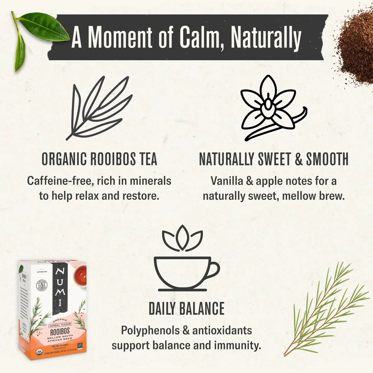 Numi Organic Rooibos Tea, 54 Herbal Tea Bags | Caffeine Free, Organic, Earthy Flavor - view 4