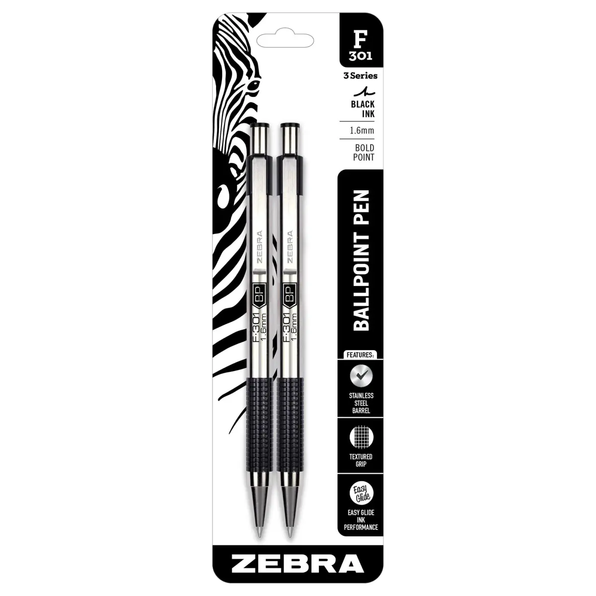 Zebra Pen STEEL F-301 Retractable Ballpoint Pen, Black Ink, 1.6mm, 2-Pack | Smooth Ink Flow for Students & Professionals - main product image
