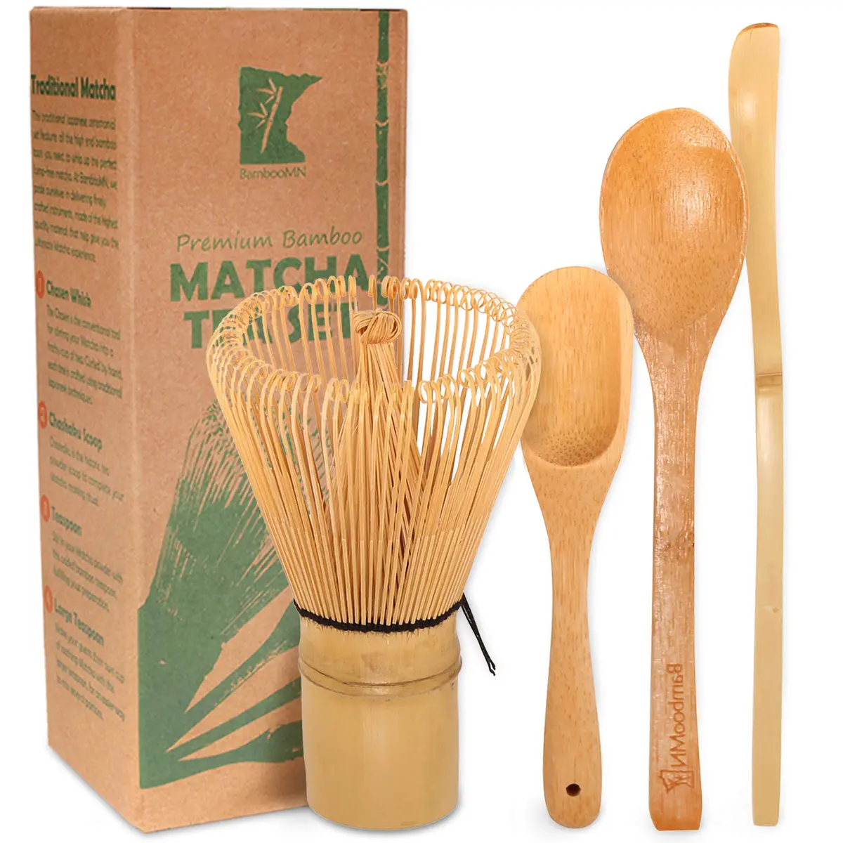 BambooMN Matcha Whisk Set - Golden Chasen (Tea Whisk), Chashaku (Hooked Bamboo Scoop), Deep Scoop, Tea Spoon - 2 Sets | Traditional Japanese Tea Utensils - main product image