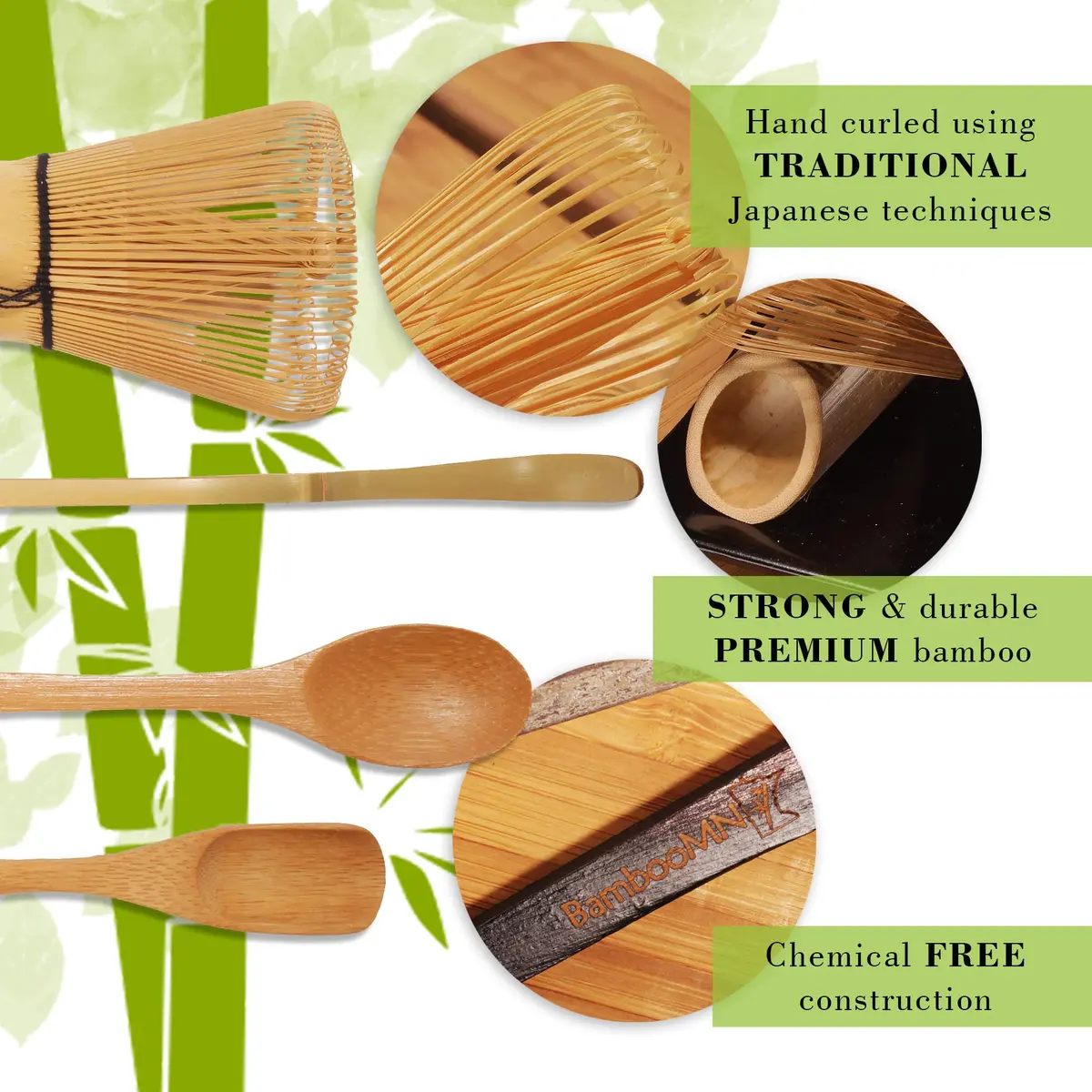 BambooMN Matcha Whisk Set - Golden Chasen (Tea Whisk), Chashaku (Hooked Bamboo Scoop), Deep Scoop, Tea Spoon - 2 Sets | Traditional Japanese Tea Utensils - view 4