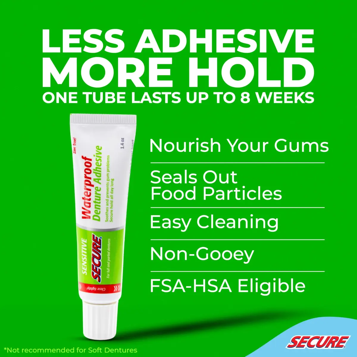 Secure Sensitive Denture Adhesive Cream - Zinc-Free, Gentle Formula for Sensitive Gums, 1.4 oz Tube - view 2