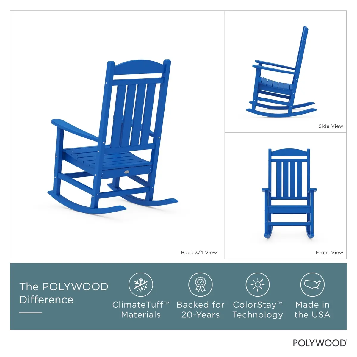 Polywood Presidential Rocking Chair in Pacific Blue | Durable HDPE Outdoor Seating (70-120 chars) - view 2