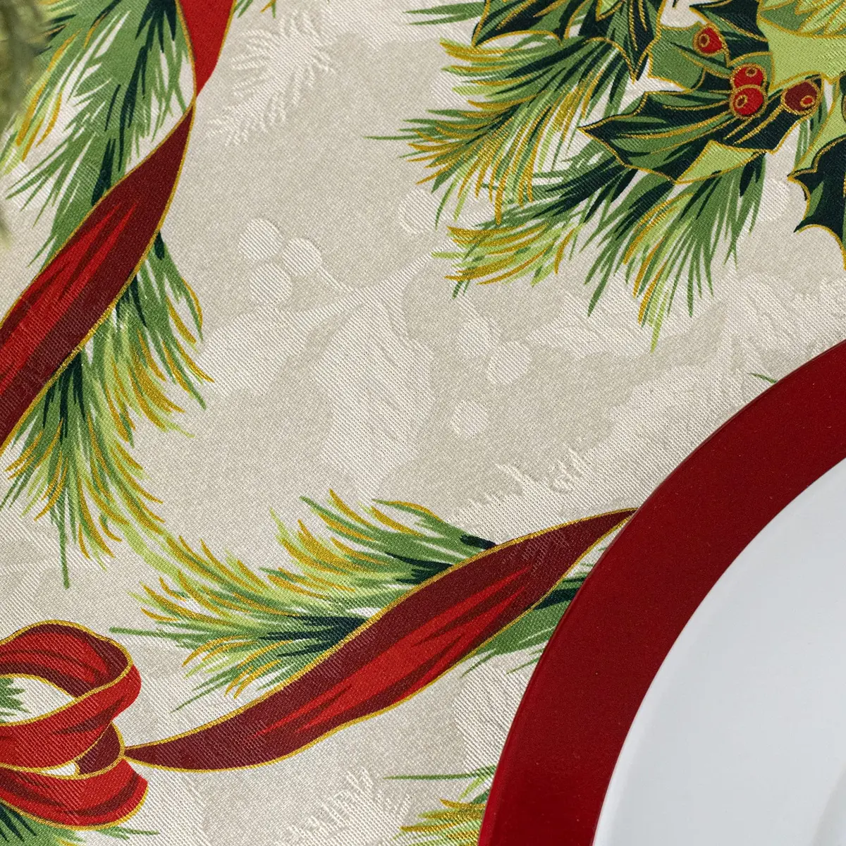 Benson Mills Christmas Ribbons Tablecloth 70" Round | Holiday Winter Decor - view 5