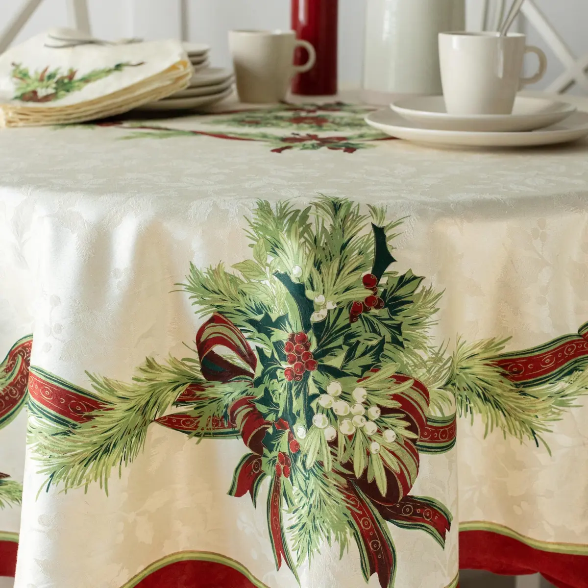 Benson Mills Christmas Ribbons Tablecloth 70" Round | Holiday Winter Decor - view 6