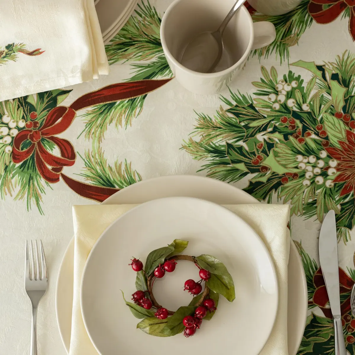 Benson Mills Christmas Ribbons Tablecloth 70" Round | Holiday Winter Decor - view 7