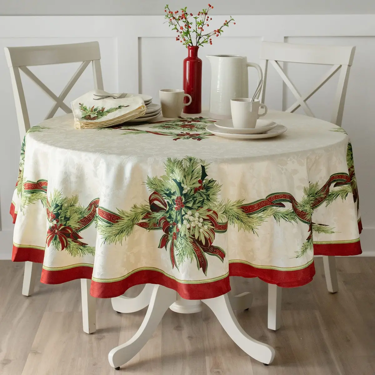 Benson Mills Christmas Ribbons Tablecloth 70" Round | Holiday Winter Decor - view 2