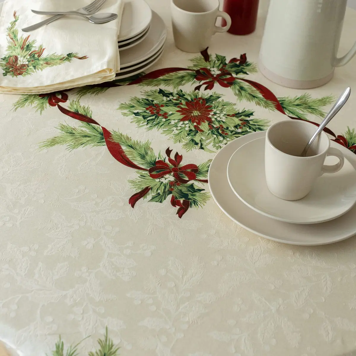 Benson Mills Christmas Ribbons Tablecloth 70" Round | Holiday Winter Decor - view 3