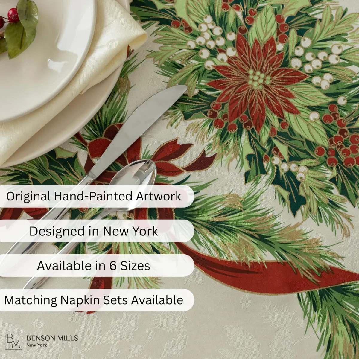 Benson Mills Christmas Ribbons Tablecloth 70" Round | Holiday Winter Decor - view 4