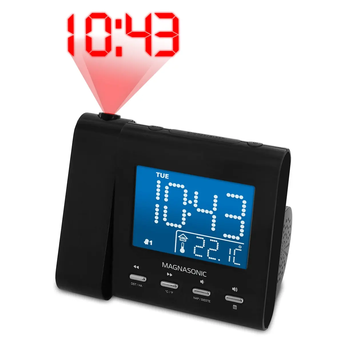 Magnasonic Black Clock with AM/FM Radio, Dual Alarm, Battery Backup, Projection & Indoor Temp | Modern Bedroom Essential - main product image