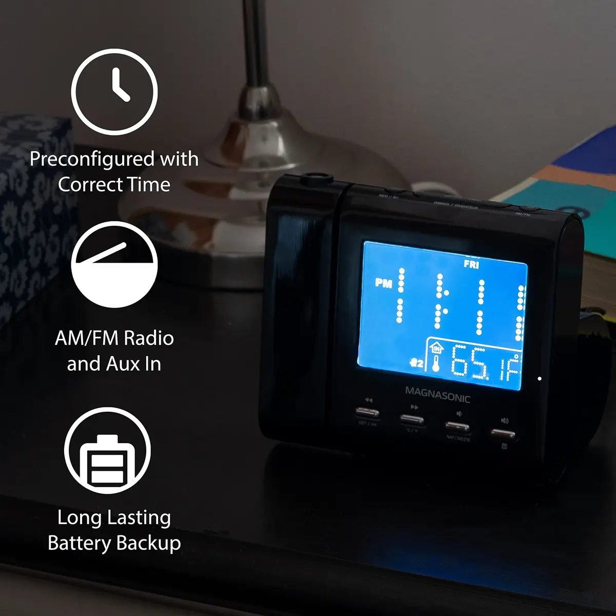 Magnasonic Black Clock with AM/FM Radio, Dual Alarm, Battery Backup, Projection & Indoor Temp | Modern Bedroom Essential - view 5