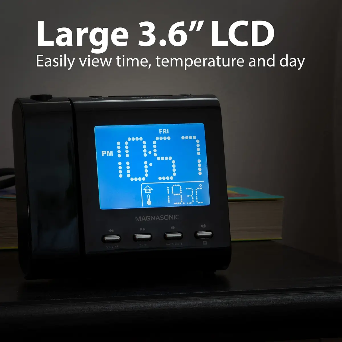 Magnasonic Black Clock with AM/FM Radio, Dual Alarm, Battery Backup, Projection & Indoor Temp | Modern Bedroom Essential - view 6