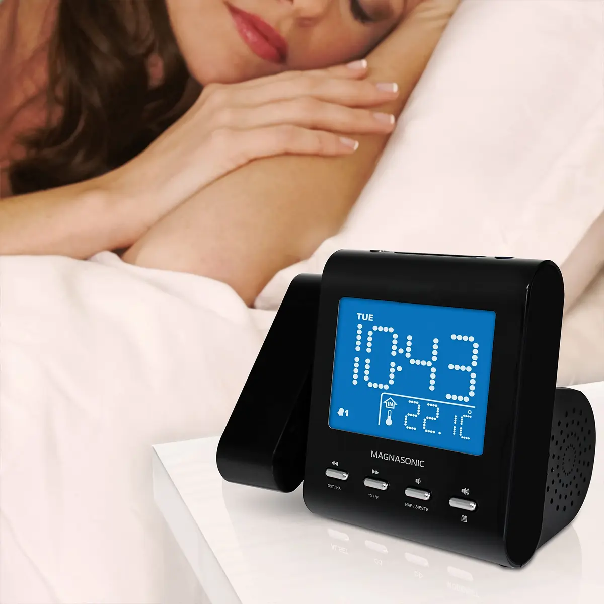 Magnasonic Black Clock with AM/FM Radio, Dual Alarm, Battery Backup, Projection & Indoor Temp | Modern Bedroom Essential - view 7