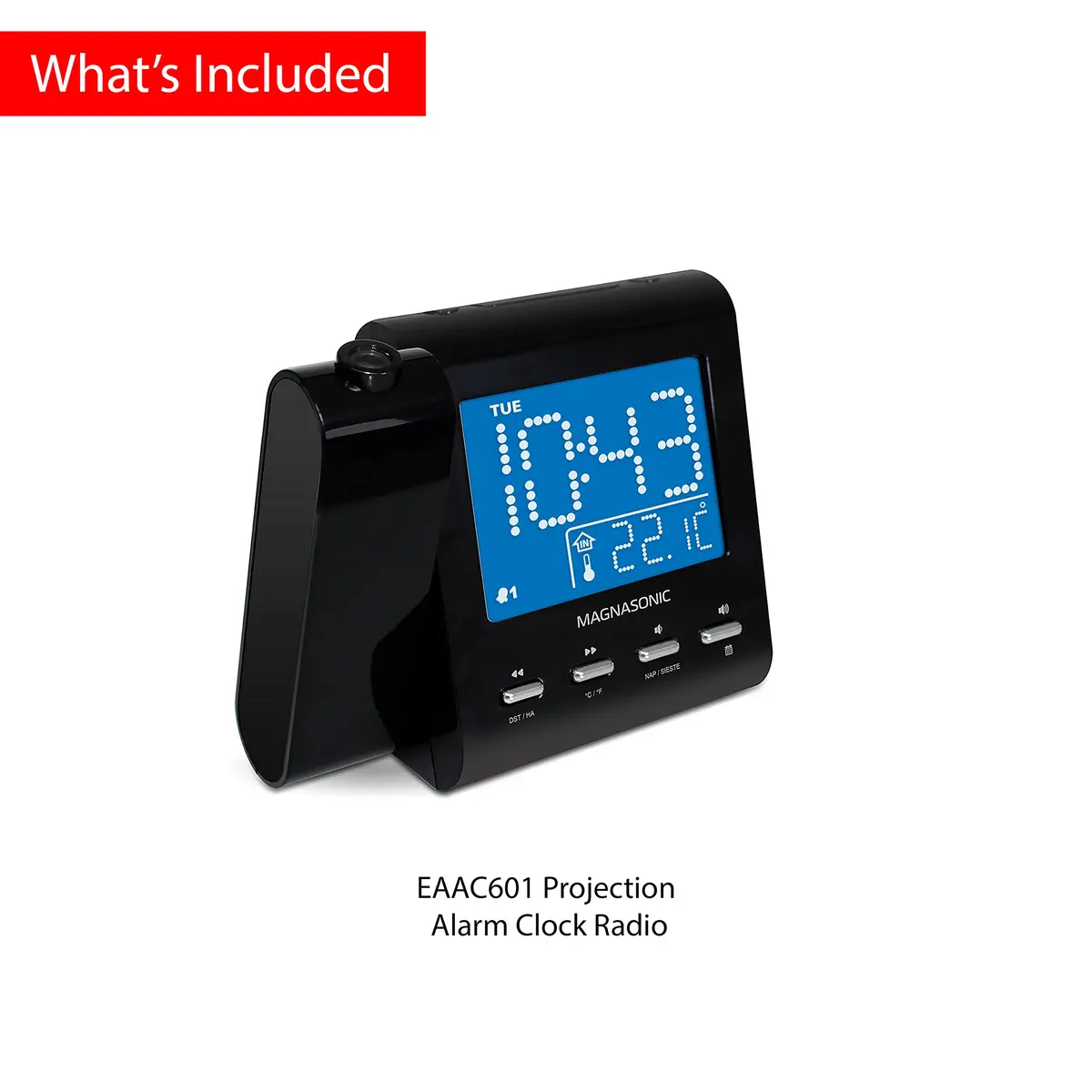 Magnasonic Black Clock with AM/FM Radio, Dual Alarm, Battery Backup, Projection & Indoor Temp | Modern Bedroom Essential - view 9