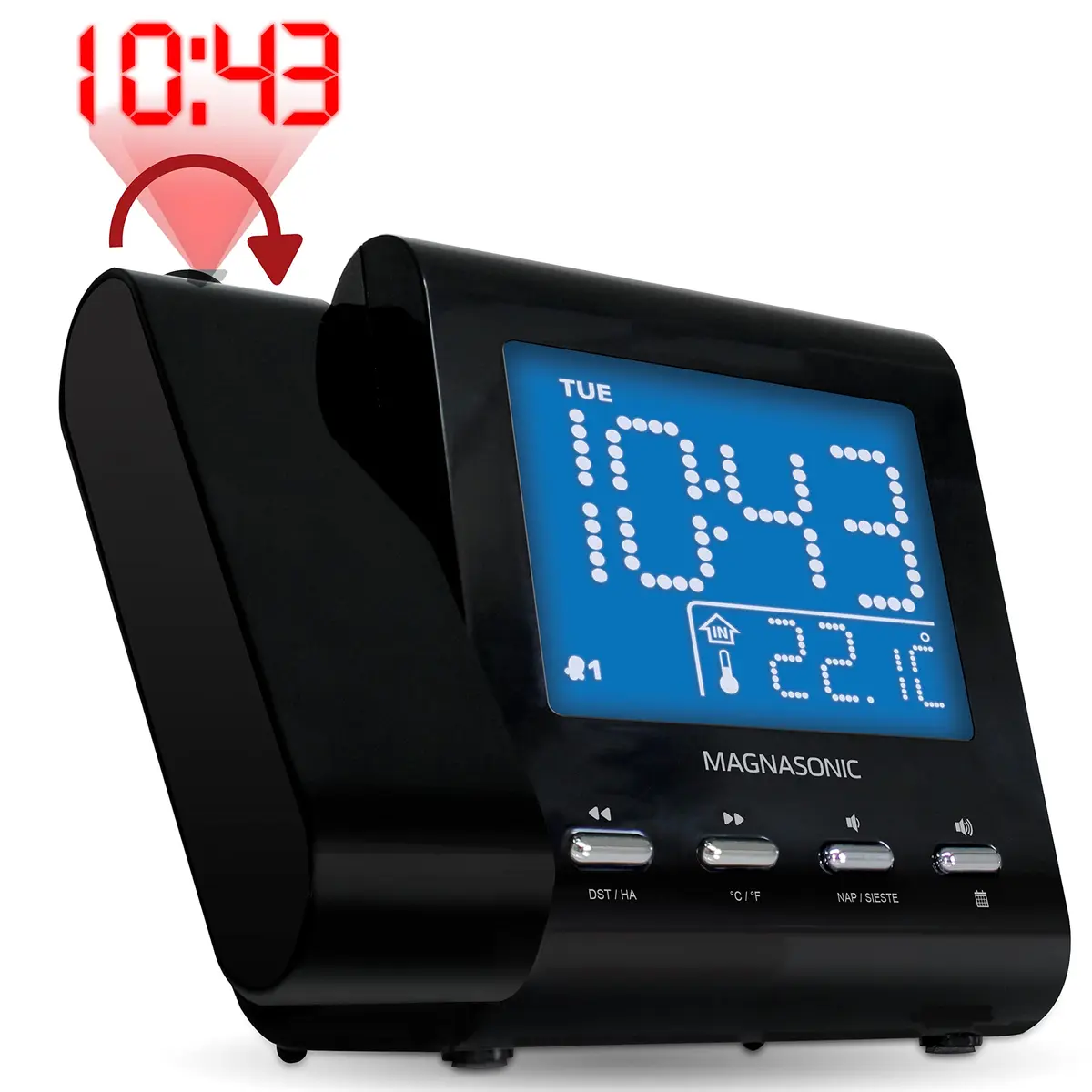 Magnasonic Black Clock with AM/FM Radio, Dual Alarm, Battery Backup, Projection & Indoor Temp | Modern Bedroom Essential - view 2