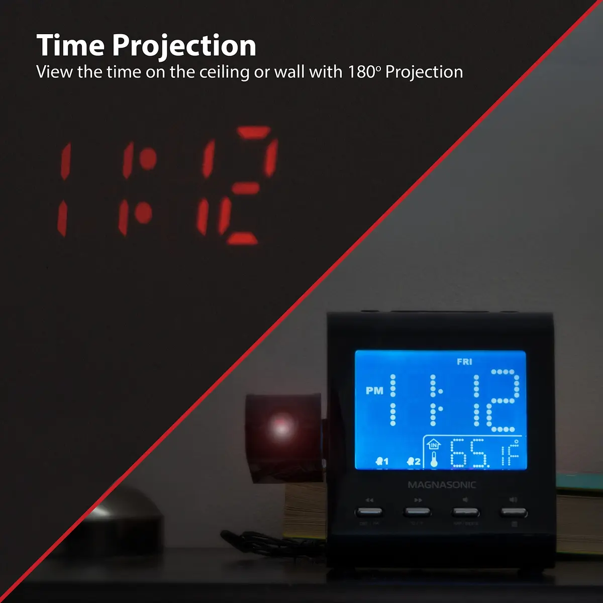 Magnasonic Black Clock with AM/FM Radio, Dual Alarm, Battery Backup, Projection & Indoor Temp | Modern Bedroom Essential - view 3