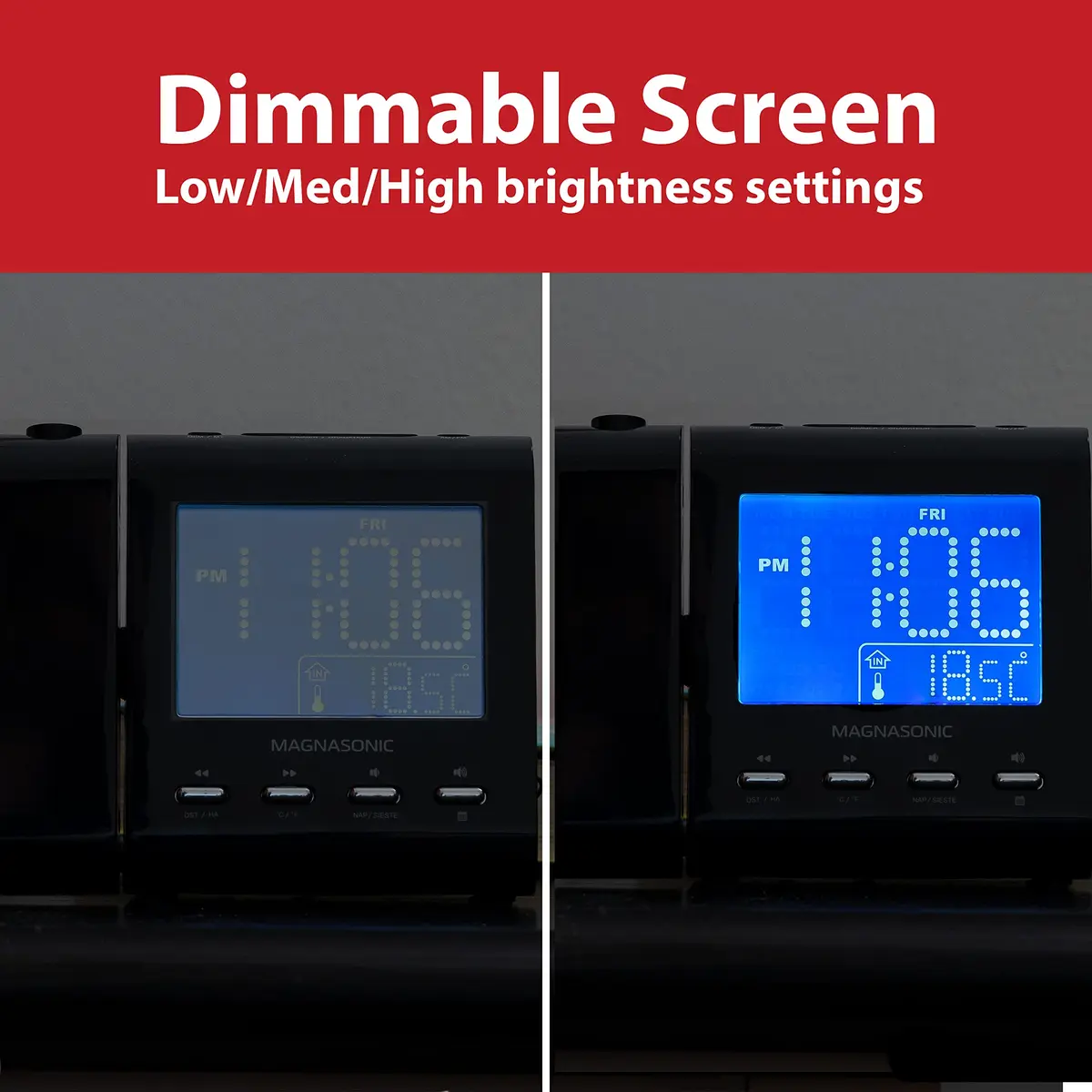 Magnasonic Black Clock with AM/FM Radio, Dual Alarm, Battery Backup, Projection & Indoor Temp | Modern Bedroom Essential - view 4