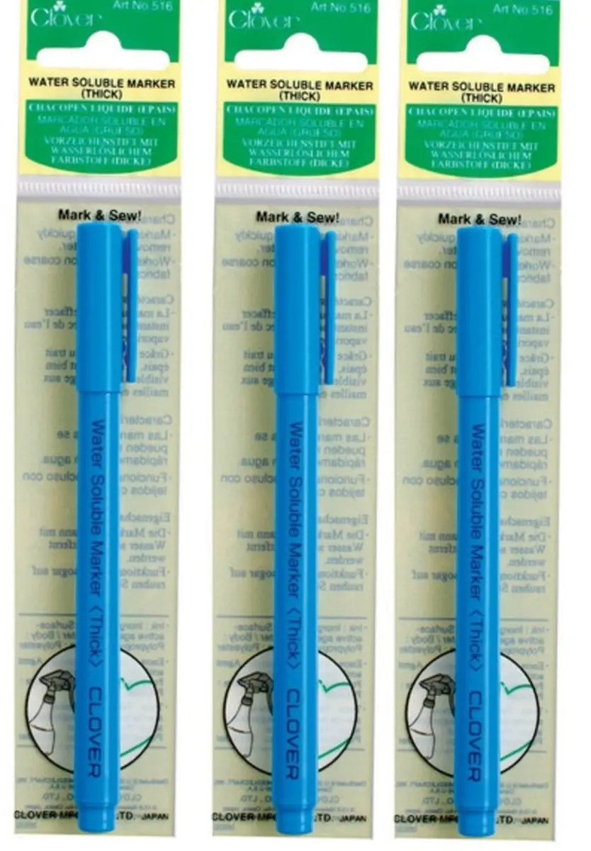 Clover Water Soluble Thick Marker Pen Set of Three | Thick Line Marking for Fabric, Water Erasable (Polypropylene Body, White, Blue, Pink) - main product image