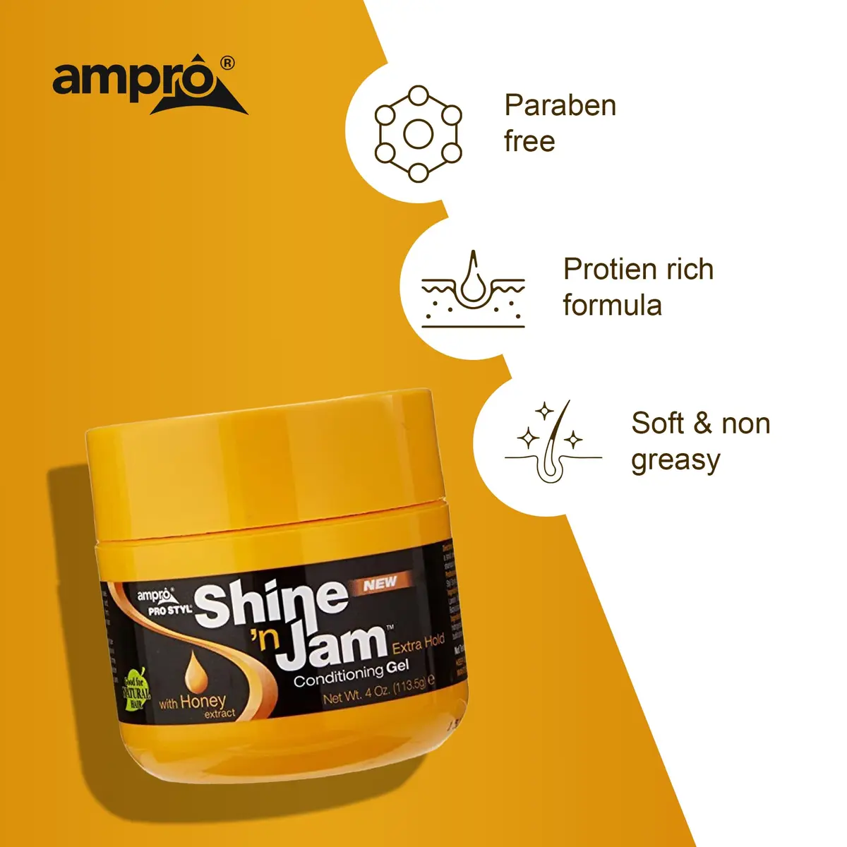 AmPro Shine-n-Jam Maximum Hold Gel, 4 oz | Honey Infused for Strength & Shine, Non-Greasy, All Hair Types - view 5