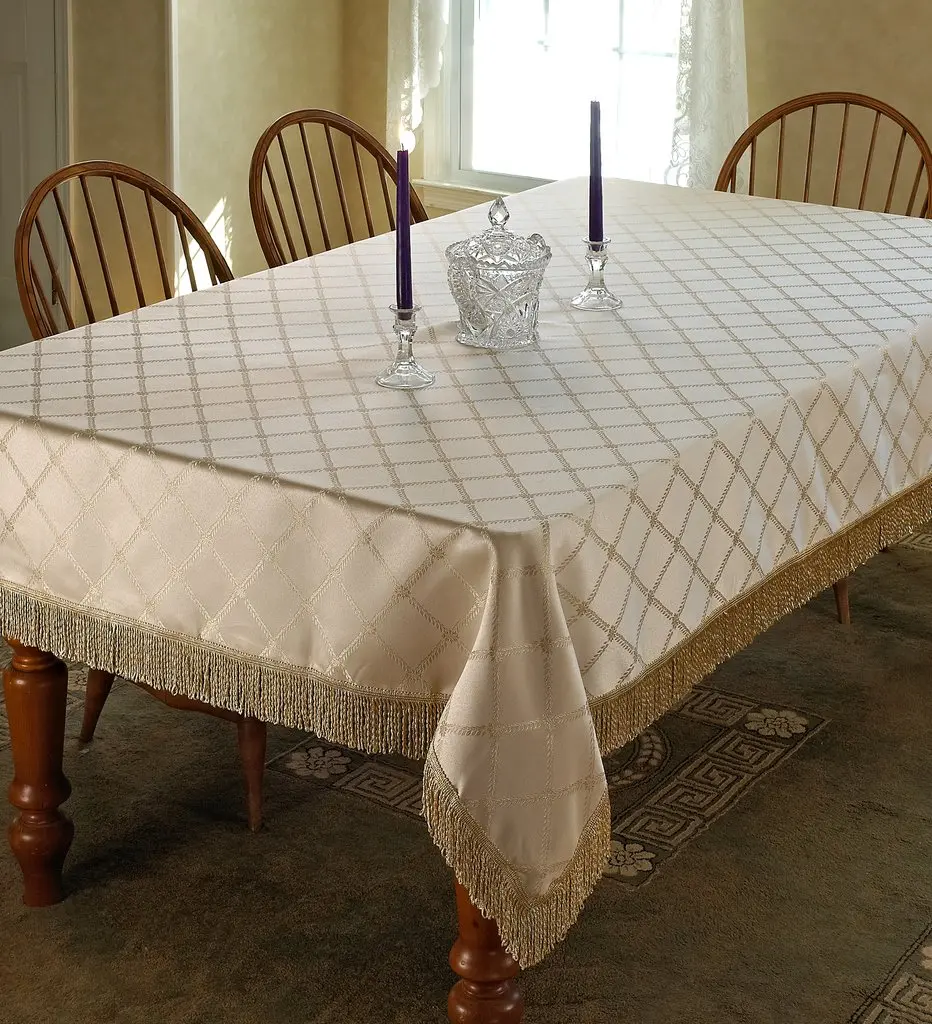 Violet Linen Diamond Damask Design Fringes Tablecloth Beige 54" | Elegant Damask Pattern for Dining - view 2
