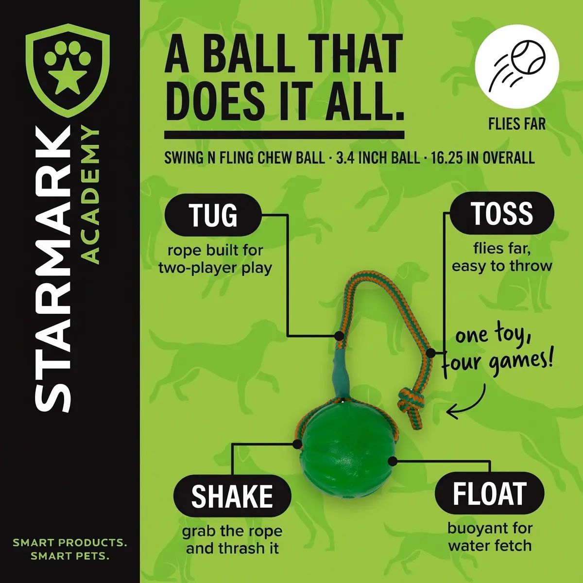Starmark Everlasting Fun Ball on a Rope Dog Toy, 190.5 cm (75 in) Rope Length, Medium/Large, Green | Virtually Indestructible Fetch & Tug Toy - view 2