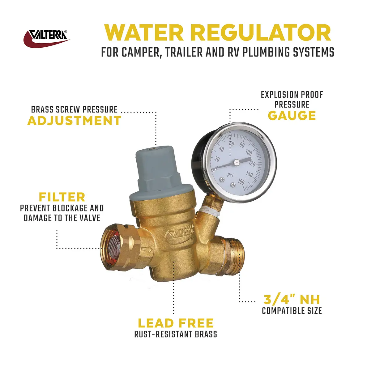 Valterra RV Water Regulator Brass Adjustable Pressure Gauge | Lead-Free, Conforms to Drinking Water Laws - view 2