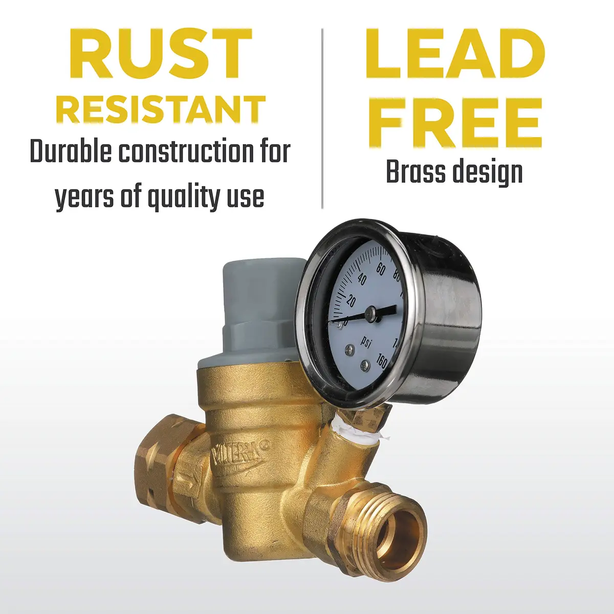 Valterra RV Water Regulator Brass Adjustable Pressure Gauge | Lead-Free, Conforms to Drinking Water Laws - view 3