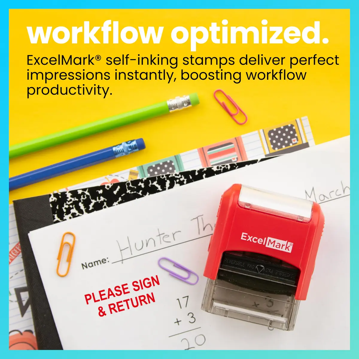 ExcelMark Self-Inking Rubber Teacher Grading Stamp - Please Sign & Return | Reversible Red/Blue Ink, Signature Line, 0.5x1.5 inch - view 3
