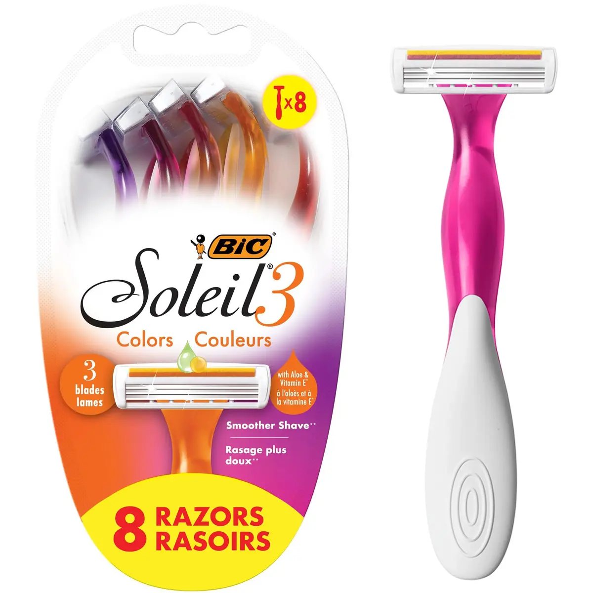 BIC Soleil 3 Colors Womens Disposable 3-Blade Razors, 8-Pack, Smooth | Travel-Friendly Bikini Razor with Aloe & Vitamin E - main product image