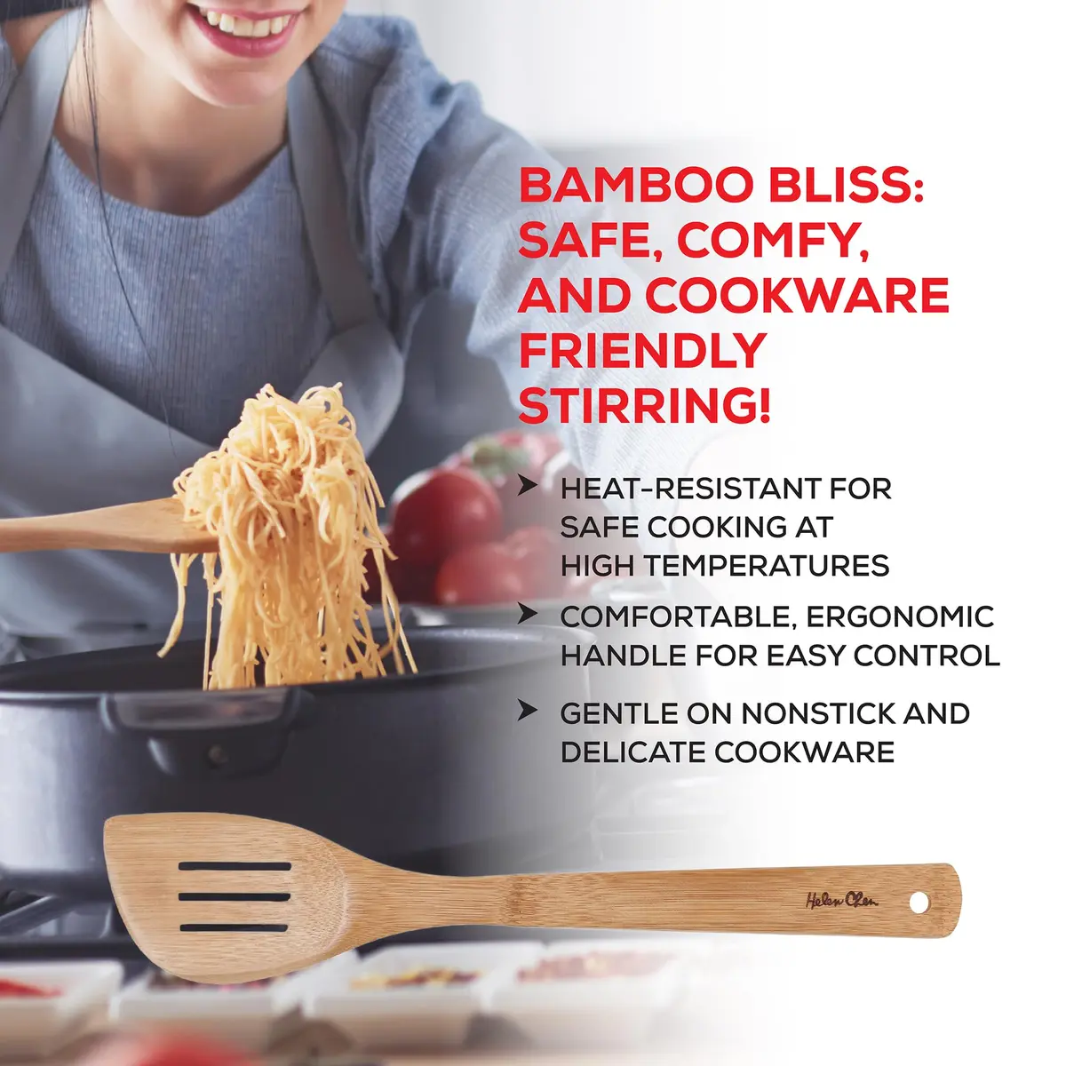 Helen's Asian Kitchen Slotted Spatula, Natural Bamboo, 13-Inch | Ergonomic, Sustainable & Safe for Nonstick - view 5