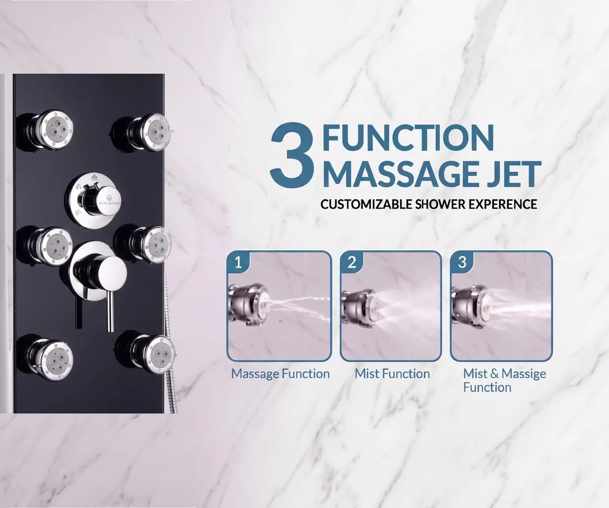 Blue Ocean 52" Aluminum Shower Panel Tower System with Rainfall Head & 8 Jets | Smart LED Temp Display - view 5