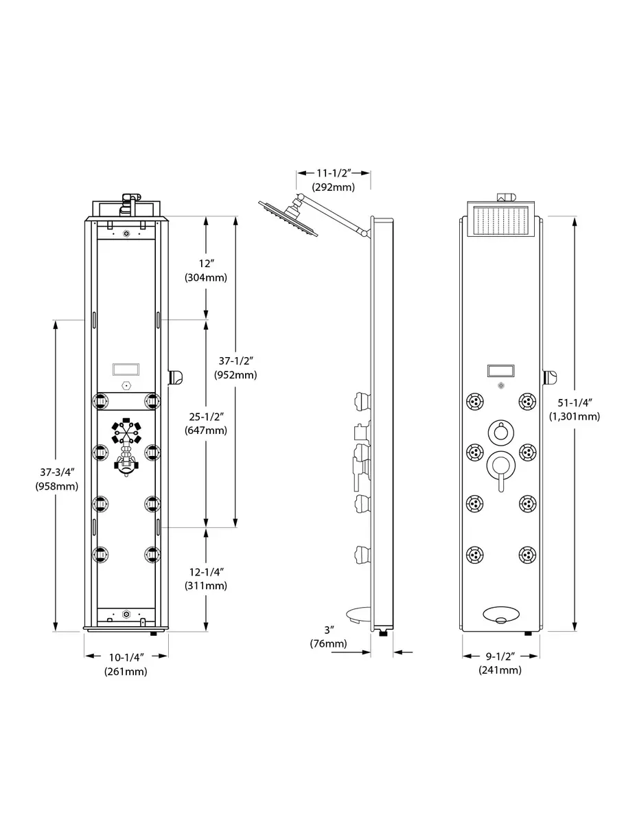 Blue Ocean 52" Aluminum Shower Panel Tower System with Rainfall Head & 8 Jets | Smart LED Temp Display - view 7